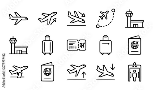 Canvastavla Airplane icon set with aircraft symbols for airport arrival departure travel vec