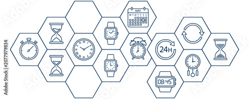 Foto Time management and scheduling vector icons in hexagonal cells set