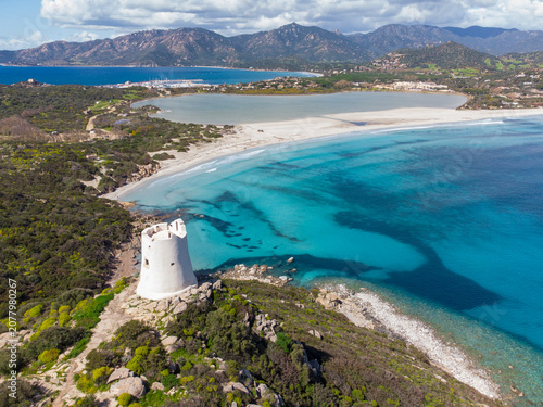 aerial view of Porto Giunco beach and tower in Villasimius