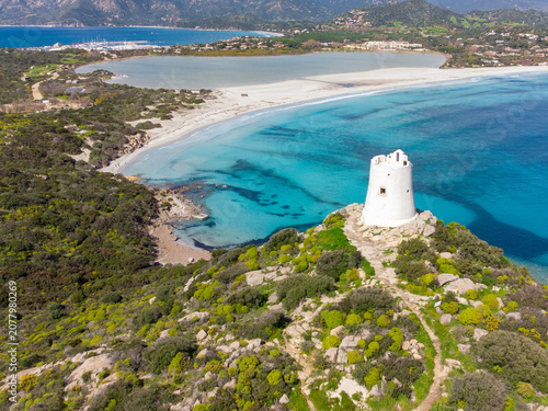 aerial view of Porto Giunco beach and tower in Villasimius