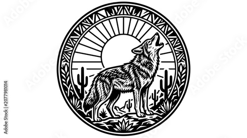Coyote howling at the sun in desert landscape emblem.