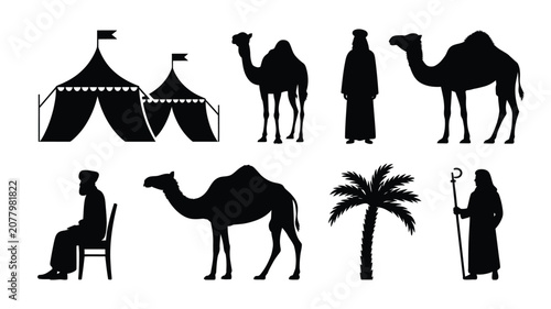 Fotografie Set of desert life silhouettes featuring traditional tents camels Bedouin people
