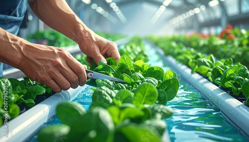 Hand holding green leaf over water surface outdoors.