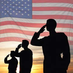 Silhouette of soldiers saluting against a sunset sky with a faded American flag overlay, honoring veterans.