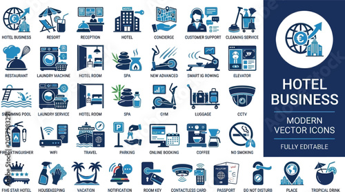 Obraz na plátně Set of flat modern hotel business icons representing various hospitality service