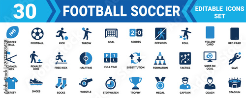 Tableau sur toile Set of 30 football and soccer icons featuring match equipment player actions and game strategy symbols Minimal solid icon set bundle collection