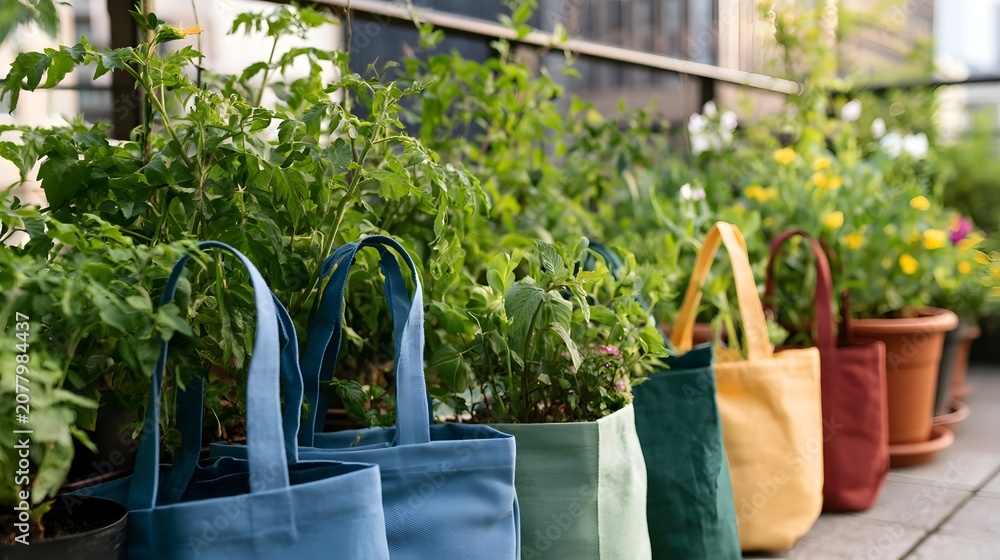 Fototapeta premium A tranquil view of an eco friendly urban rooftop garden featuring colorful reusable bags promoting a sense of calm and nature