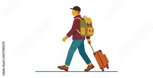 Bild auf Leinwand Flat Design Traveler Walking with Luggage and Backpack