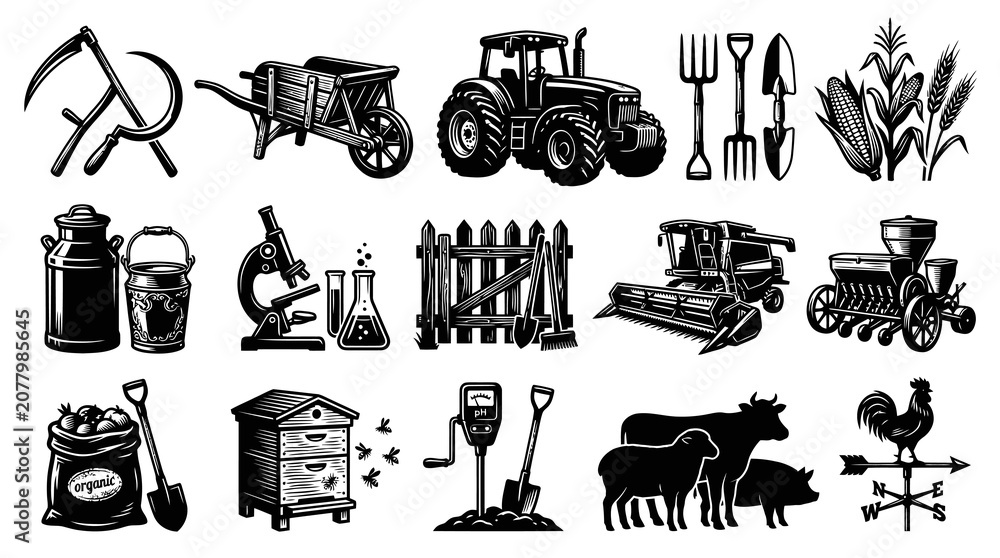 Obraz premium Farm Icons Set Black and White Vector Graphics for Agriculture and Rural Life