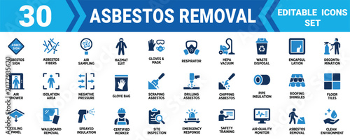 Картината върху платно Set of 30 flat vector icons for asbestos removal and hazardous material abatement safety procedures Minimal solid icon set bundle collection