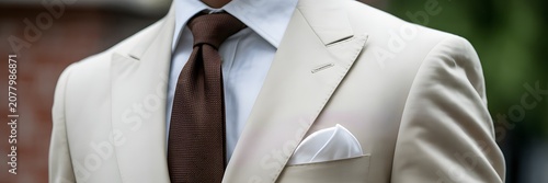 A stylish man wearing a beige suit with a white shirt and elegant brown tie
