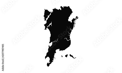 High quality black silhouette map of Mumbai city in India, isolated on white background, vector illustration for graphic design projects.