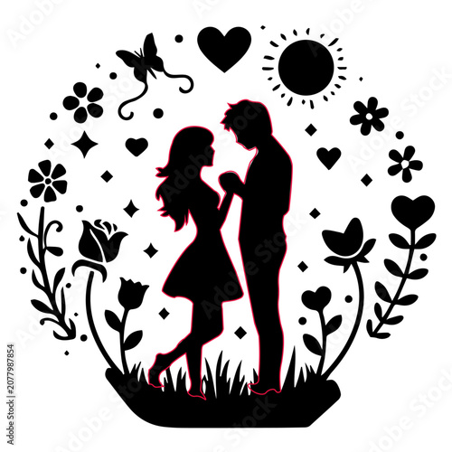 Silhouette Couple Embracing in Floral Heart Frame Romantic Black and White Illustration