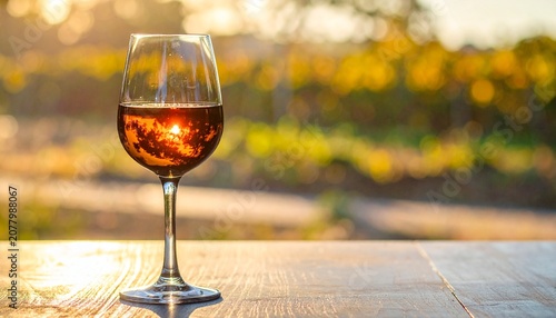 Golden autumn wine glass on wooden table outdoors.