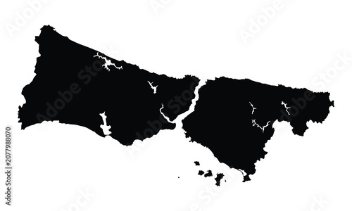 Tableau sur toile Black, detailed silhouette map of Istanbul province in Turkey, illustrating the famous Bosphorus strait, European side, and Asian side geography
