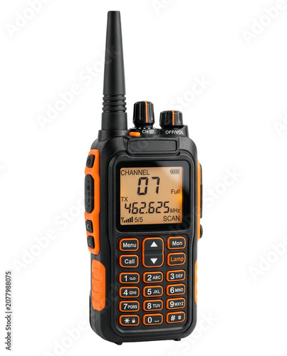 Black and Orange Handheld Radio with Digital Display and Keypad Isolated on White Background