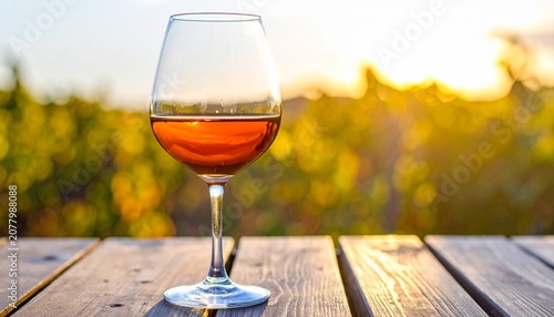 Glass of red wine on rustic wooden table outdoors.