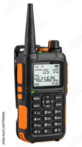 Black and Orange Handheld Radio with Digital Display and Keypad Isolated on White Background