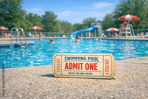 A ticket sits on the ground near a swimming pool, perfect for outdoor events or recreational activities