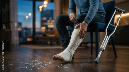 Broken glass on the floor beside a bandaged leg representing an accidental injury.