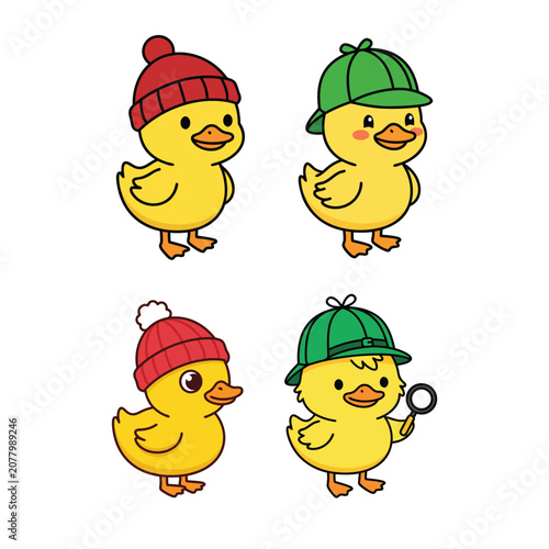 Cute Cartoon Yellow Duckling Character Set With Winter Beanie And Detective Hat Holding Magnifying Glass Vector Illustration