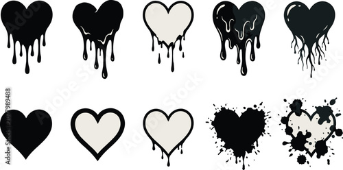 Foto Dripping and splattered heart illustrations in black and white symbolizing love,