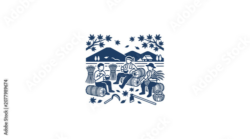 Tableau sur toile Farmers resting during harvest season, rural landscape, autumn harvest illustrat