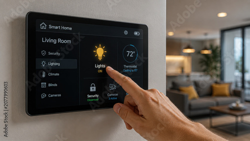 Smart home control panel with lighting, thermostat, cameras and security settings in a modern house.