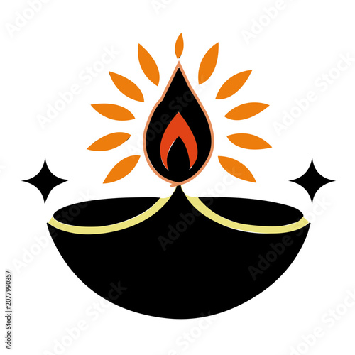 Illuminated Diya Lamp with Flames in Minimalist Black and Gold Vector Illustration