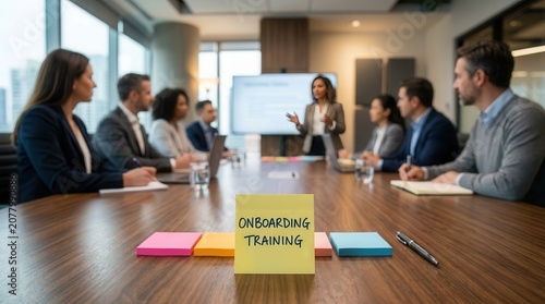 Workplace skills training and new employee onboarding in a professional office meeting environment.