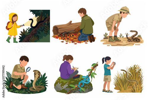 Little explorers and young herpetologists studying different types of snakes in nature, kids wildlife observation flat vector illustration set