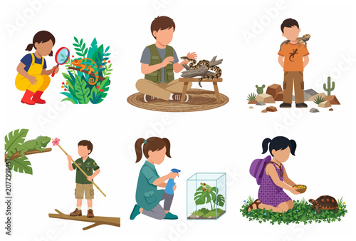 Children Interacting with Reptiles and Amphibians Illustration Set