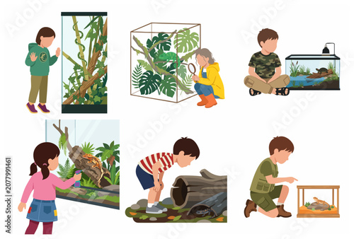 Children and Pets: Set of Kids Exploring Reptiles and Amphibians in Terrariums, Vector Illustration of Snakes, Lizards, and Turtles for Nature Education.