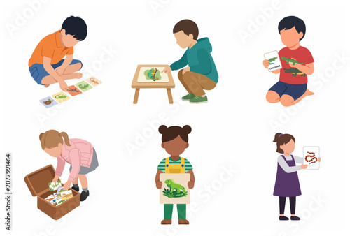 Diverse children learning about reptiles and amphibians with educational flashcards and toys illustration