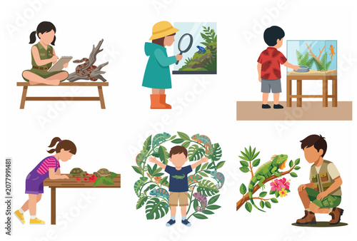 Set of Children Interacting with Reptiles and Amphibians Illustrations