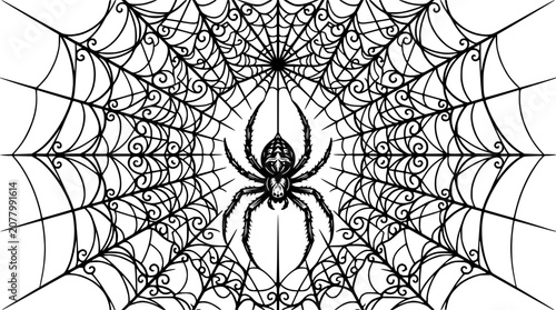Ornate Spiderweb with Detailed Spider Illustration