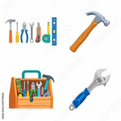 Set of home repair construction tools, wooden toolbox, hammer and adjustable wrench vector illustration