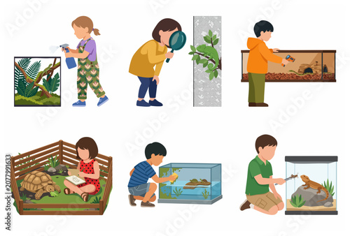 Set of children taking care of exotic reptiles in terrariums, including lizard, chameleon, snake, tortoise, turtle, and bearded dragon.