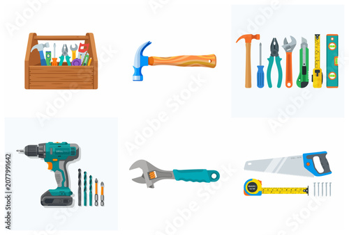 Collection of various hand and power tools illustrations for construction, carpentry, and home repair projects.
