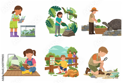 Children studying and interacting with various reptiles like lizards, turtles, and crocodiles in educational settings, herpetology concept vector illustration set.