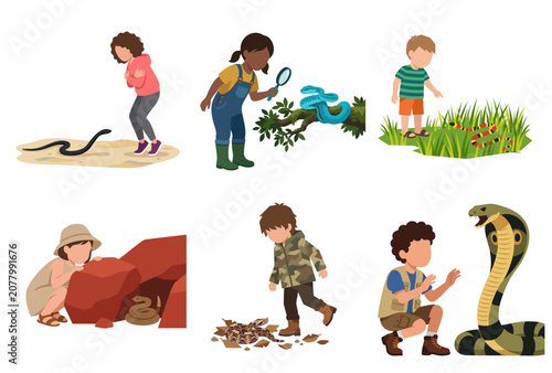 Set of children encountering various snakes vector illustration. Educational scenes of kids exploring nature and learning about different reptiles like cobra and rattlesnake.