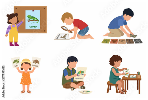 Set of Diverse Children Learning About Reptiles and Amphibians with Flashcards and Posters Illustration