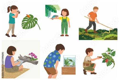 Children exploring nature and interacting with various reptiles and amphibians like chameleons, frogs, snakes, and turtles, vector illustration set