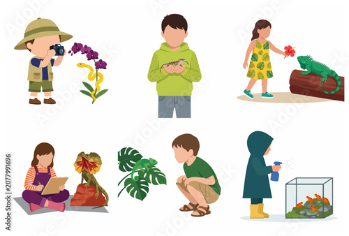 Children exploring nature and interacting with various reptiles and amphibians vector illustration set