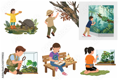 Children interacting with reptiles and amphibians illustration set featuring herpetology activities like feeding, observing, and studying snakes, lizards, frogs, and tortoises.