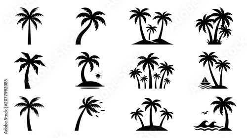 Tropical Palm Trees Silhouette Collection: Island Vacation and Travel Icons