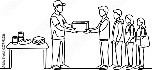 Minimalist continuous line art of a volunteer distributing food and supplies to a queue of people symbolizing charity donation and community support