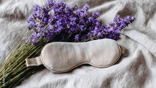 Fabric eye sleep mask beside fresh lavender sprigs with lavender, relaxation