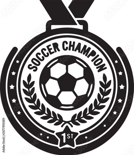 Professional solid black soccer champion medal icon featuring a classic award medal with a soccer ball, laurel wreath, ribbon, stars, and first-place championship design. Clean monochrome vector ideal