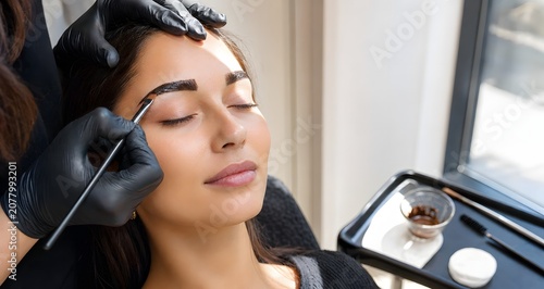 Esthetician applying henna dye to eyebrow of young woman with brush. Professional brow tinting procedure in beauty salon. Cosmetic treatment for facial appearance and grooming style.